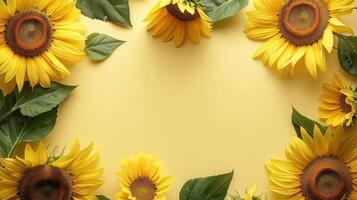 Bright sunflowers arranged in a vibrant yellow frame, creating a cheerful atmosphere photo