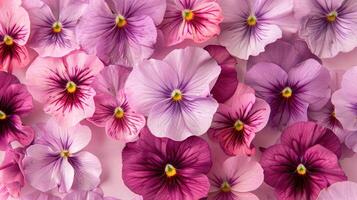 Vibrant display of pansy flowers in various shades of purple and pink against a soft background photo