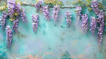 Vibrant wisteria flowers cascading against a textured turquoise background with hints of gold photo