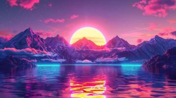Vibrant sunset over majestic mountains reflecting on tranquil waters with colorful clouds photo
