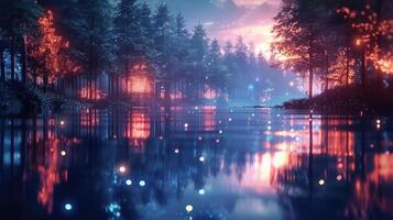 Serene twilight landscape with vibrant reflections on a tranquil lake surrounded by colorful foliage photo