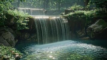 Serene waterfall cascading over rocks in a lush green forest with sunlight filtering through trees photo