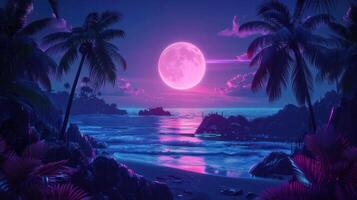 Serene night beach scene with a vibrant pink moon illuminating the ocean and palm trees photo