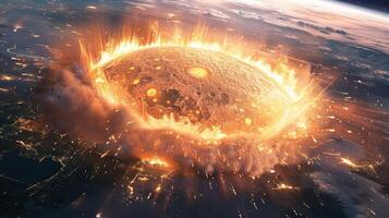 Dramatic depiction of a planet undergoing cataclysmic destruction in space, with fiery explosions photo