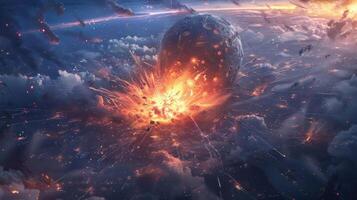 Dramatic cosmic explosion with a planet shattering amidst vibrant clouds and celestial debris photo