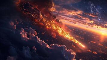 A fiery asteroid hurtles through the atmosphere at sunset, illuminating clouds below with vibrant colors photo