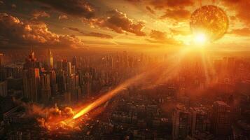 Dramatic sunset over a city skyline with a fiery comet and a large sun in the background photo