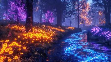 Enchanted forest at twilight with glowing flowers and a shimmering stream under colorful trees photo
