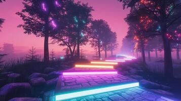 Vibrant neon pathway illuminated by colorful lights in a serene forest at dusk photo