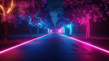 Neon-lit pathway lined with vibrant trees at night, creating a surreal atmosphere photo