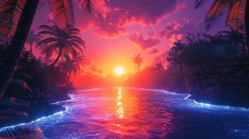Vibrant sunset over a tranquil river surrounded by lush palm trees and colorful clouds photo