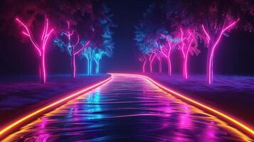 Neon-lit pathway with glowing trees reflecting in water at night, creating a surreal atmosphere photo
