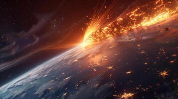 Dramatic depiction of Earth experiencing a fiery impact event with vibrant cosmic elements photo