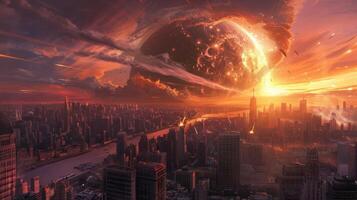 Dramatic sunset over a city skyline with an apocalyptic celestial event in the background photo