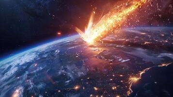 Dramatic meteor impact on Earth with fiery explosion and glowing city lights visible photo