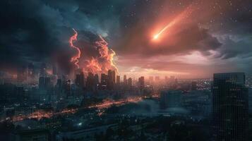 A dramatic cityscape at dusk with a comet streaking through stormy clouds over skyscrapers photo