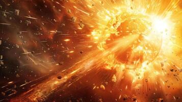 Explosive Celestial Event with Debris and Bright Light in a Cosmic Background photo