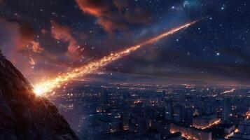 A meteor streaks across a night sky over a bustling city, illuminating the skyline below photo