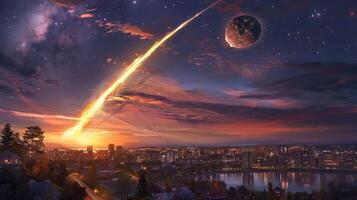 Stunning sunset over a city skyline with a meteor streaking across the sky and a large moon photo