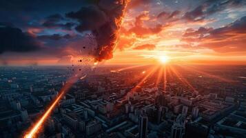 Dramatic sunset over a city skyline with meteor shower and clouds creating an apocalyptic scene photo