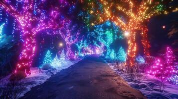 Vibrant illuminated pathway through a winter forest adorned with colorful Christmas lights photo