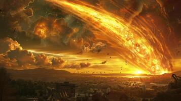 Dramatic sunset over a cityscape with a fiery comet approaching, creating a sense of urgency photo