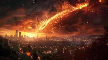 Apocalyptic sunset over a city skyline with a fiery planet looming in the background photo