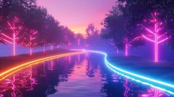 Serene twilight scene with glowing trees lining a tranquil river, reflecting vibrant colors at sunset photo
