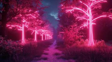 Enchanted forest pathway illuminated by glowing pink trees under a twilight sky photo