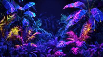Vibrant tropical foliage illuminated by colorful lights in a lush, enchanting environment photo