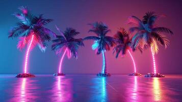 Vibrant illuminated palm trees in a colorful setting, creating a lively tropical atmosphere photo