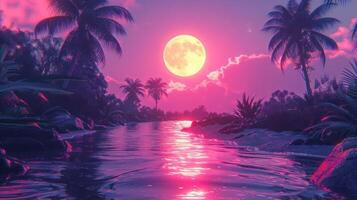 Serene twilight scene featuring a glowing pink moon over a tranquil river with palm trees photo