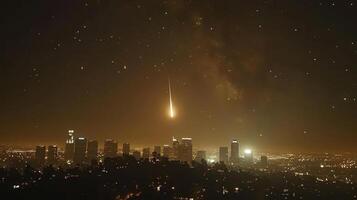 Stunning night view of a city skyline with a meteor streaking across the starry sky photo