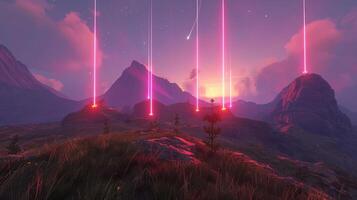 Vibrant sunset over mountainous landscape with glowing beams and comet streaking across sky photo