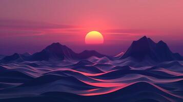 Serene Sunset Over Rolling Waves and Mountains with a Gradient Sky at Dusk photo