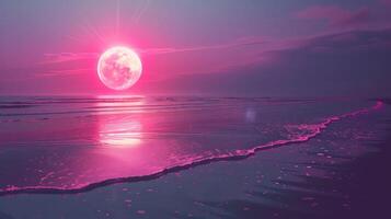 A surreal pink moon rises over a tranquil ocean, casting shimmering reflections on the water photo