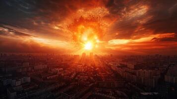 Dramatic sunset over a city skyline with an explosion in the sky, creating a fiery spectacle photo