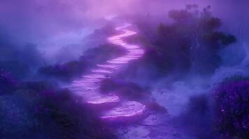 Ethereal glowing path winding through a mystical foggy landscape with vibrant flora and serene ambiance photo