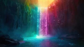 A vibrant waterfall cascading into a serene pool, surrounded by colorful mist and lush foliage photo