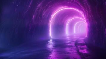Neon-lit tunnel with glowing arches, reflecting on wet pavement, creating a surreal atmosphere photo