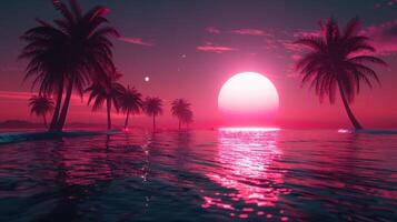 Vibrant sunset over tranquil waters with silhouetted palm trees creating a serene atmosphere photo