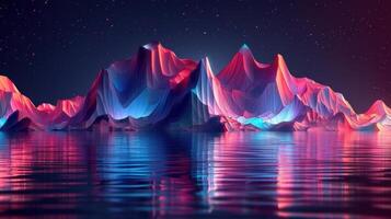 Vibrant and colorful mountain landscape reflecting in still water under a starry night sky photo