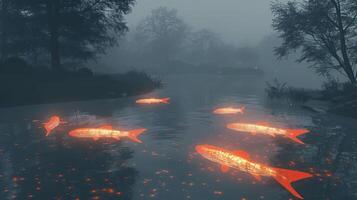 Ethereal glowing fish swim in a misty river, surrounded by trees and soft reflections at dawn photo