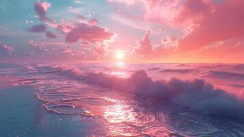 Serene sunset over tranquil ocean waves with colorful clouds reflecting in the water photo