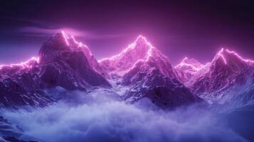 Majestic neon-lit mountain range under a starry sky with clouds, creating a surreal atmosphere photo