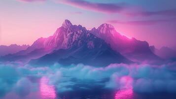 Serene mountain landscape at dusk, with vibrant colors reflecting on water and clouds below photo