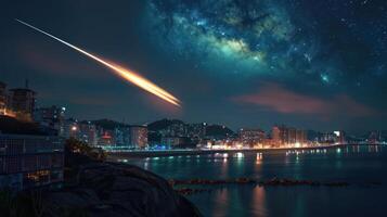 Night cityscape illuminated by a meteor streaking across a starry sky over the water photo