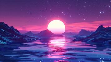 Vibrant sunset over tranquil water with distant mountains and starry sky, creating a serene atmosphere photo