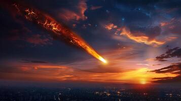 A vibrant sunset over a city skyline as a comet streaks across the sky, illuminating the clouds photo