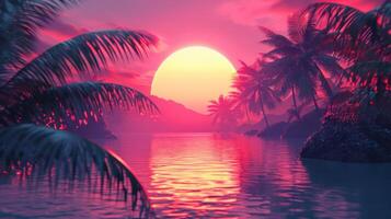 Serene sunset over tranquil waters with palm trees silhouetted against vibrant colors photo